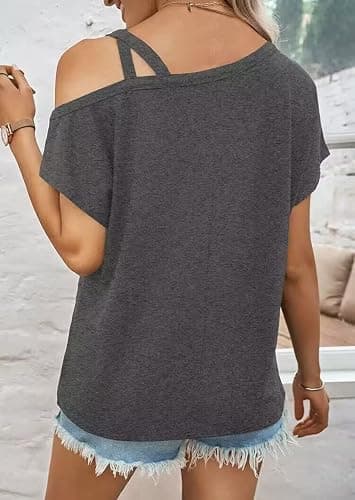 VKEGNIO Criss-Cross One Shoulder Tops Sexy Cold Shoulder Shirts Summer Short Sleeve T-Shirts Vacation Loose Casual Tees - Large - Grey thumbnail 4