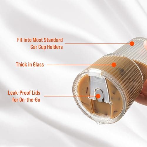 SUROQUE 20oz Ribbed Glass Tumblers with Lids & Straws, Ideal for Iced Coffee, Cocktails & More - Includes Cleaning Brush thumbnail 4