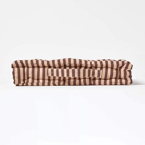 HOMESCAPES - Pin Stripe Choco - 100% Cotton - Floor Cushion - Chocolate and Beige - 40 x 40 x 8 cm Square - Indoor - Garden - Dining Chair Booster - Seat Pad Cushion. thumbnail 5