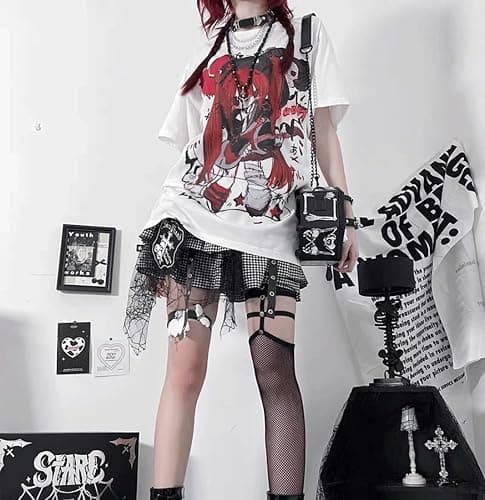 RILGOU Kawaii Goth Fashion Harajuku Y2K Casual Style Soft Crewneck Cute Cartoon Print Red Hair Guitar Girl T-Shirt thumbnail 5