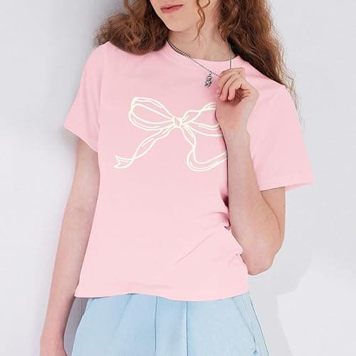Weripoah Bow Oversized Shirts for Girls Graphic Cute Shirt for Teen Preppy Aesthetic Tshirt Girls' Summer Casual Coquette Top thumbnail 6