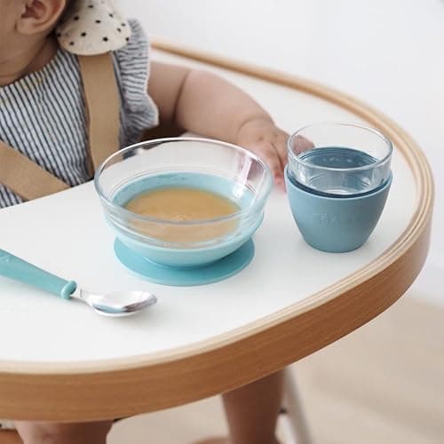 BEABA 3-Piece Glass Meal Set with Silicone Suction, Toddler Plate and Baby Bowls with Suction, Non Slip Kids Dinnerware Set, 2.5x Stronger than Regular Glass, (Rain) thumbnail 7