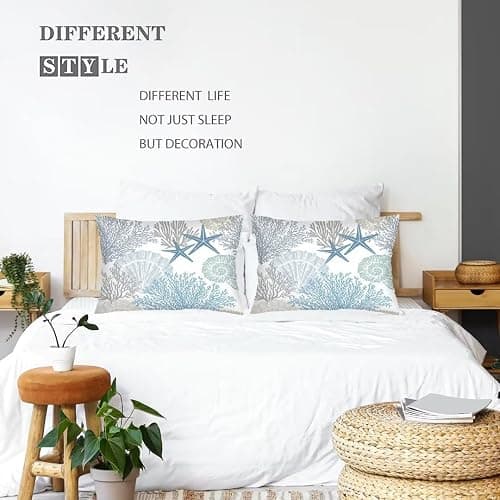 Beach Theme Throw Pillow Cover Queen Size Set of 2,Nautical Blue Coral Starfish Ocean Marine Coastal,Lumbar Pillow Case Standard Pillow Cases with Zipper Decorative Cushion Covers,20"x30",Teal Blue thumbnail 4