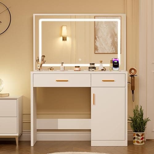 Sweetcrispy Vanity Desk with 35.4" LED Mirror and Lights, Makeup Vanity Table with Charging Station (2AC/USB/C), 2 Drawers & Large Cabinet, 3 Lighting Color Adjustable, Modern Dressing Table, White thumbnail 3