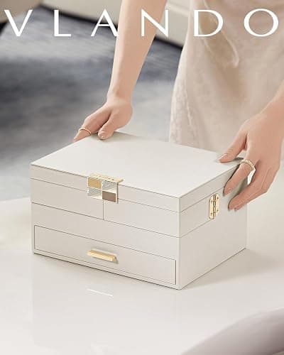 Vlando 3 Layer Jewelry Box - Women Jewelry Box with Retractable Tray - Jewelry Organizers with Drawer for Necklaces, Rings, Bracelets, Earrings, Gift for Couples Mom Girls - Could White thumbnail 7