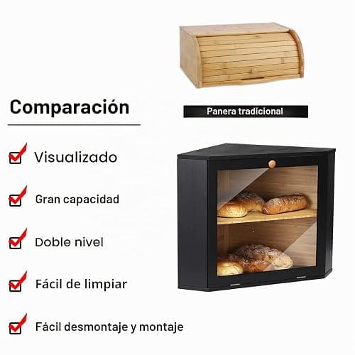 Leader Accessories Panera Esquina Bambú 2 Niveles Tapa Transparente | Caja esquinera de bambú con 2 niveles y puerta transparente, ideal para conservar pan y ordenar la encimera thumbnail 6