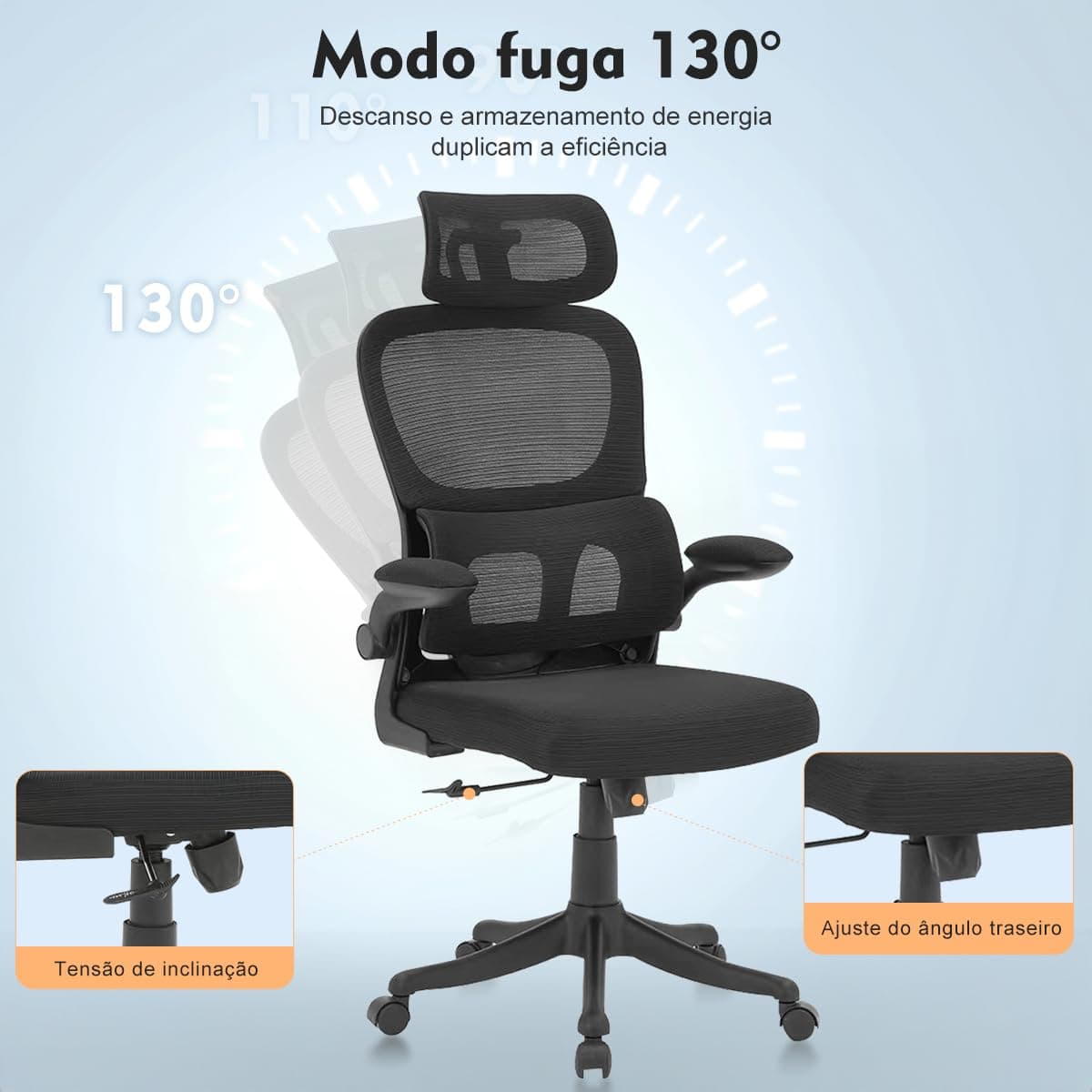 Cadeira de escritório, design ergonômico com suporte lombar independente, malha respirável e encosto de cabeça ajustável (Preto) thumbnail 8