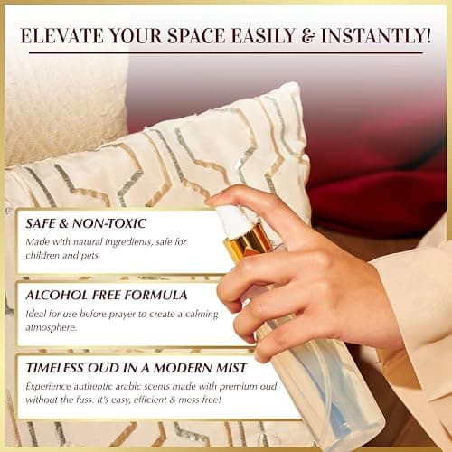 Sandalwood Room & Linen Spray by Dukhni | 250ml Sandalwood fragrance Air Freshener, Attar al Faraash for home & prayer mats | Bed linen, Sofa Mist, natural home scent, curtain spray, odour eliminator thumbnail 2
