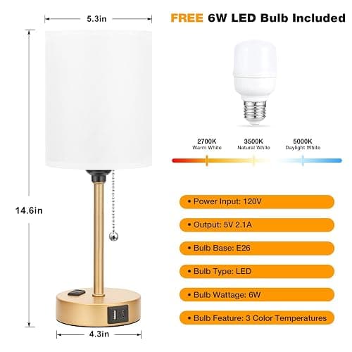 Dicoool Small Bedside Lamps 3 Color Modes - 3000K 4000K 5000K Bedroom Lamps with USB C and A Ports, Pull Chain Gold Table Lamps with AC Outlet, Nightstand Lamps with Gold Metal Base for Kids Reading thumbnail 4