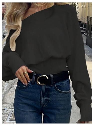 Verdusa Womens Off The Shoulder Sweater Cinched Waist Asymmetrical Tops Cropped Sweaters Fall Outfits Loose Fit thumbnail 3