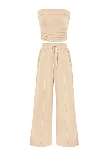 PRETTYGARDEN Womens Summer Outfits 2 Piece Sets Casual Ribbed Knit Crop Tube Top Wide Leg Pants Spring Matching Lounge Set - Image 1