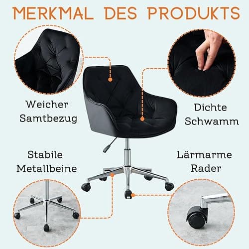 JaHECOME Bürostuhl aus Samt, höhenverstellbarer Konferenzstuhl, Drehbarer Computerstuhl mit Armlehne und Schaumstoffpolsterung für Home Office, Büro(1, Schwarz) thumbnail 5