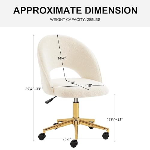 Furnimart Swivel Rolling Desk Chair, Adjustable Faux Fur Vanity Chair with Gold Legs, Cute Task Chair with Wheels for Living Room Bedroom Studying Small Places (Faux Fur White) thumbnail 3