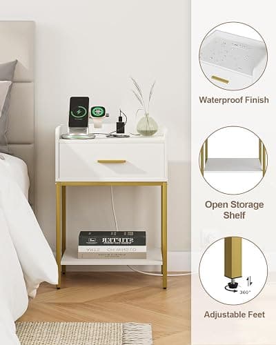 Masupu Nightstand with Charging Station,3-Tier Modern Bedside Night Stand with Storage Drawer and Shelf,Small End Side Table for Bedroom,Living Room,White thumbnail 7