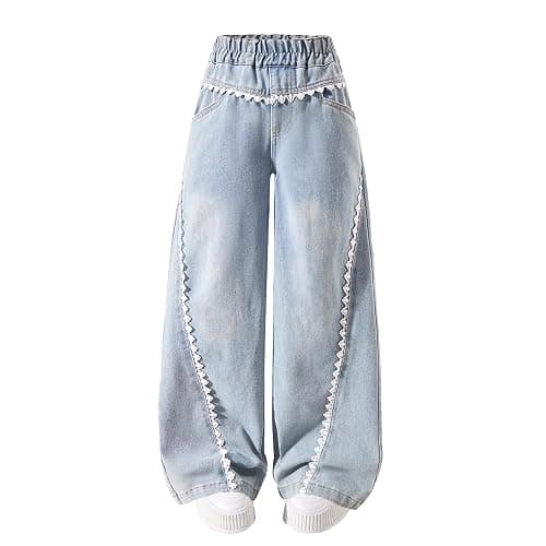 Nivne Tco Girls Baggy Jeans, Wide Leg Pants with Lace Trim - Trendy Loose Fit Casual Pants with Pockets for Everyday Wear - Image 1
