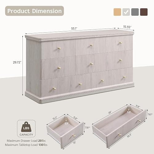 ALLTUFO Modern 8 Drawers Dresser for Bedroom, 55" Wide Wood Dressers & Chests of Drawers w/Curved Waterfall Edge, Large Storage Dressers Organizer w/Metal Handle for Bedroom, Cream thumbnail 2