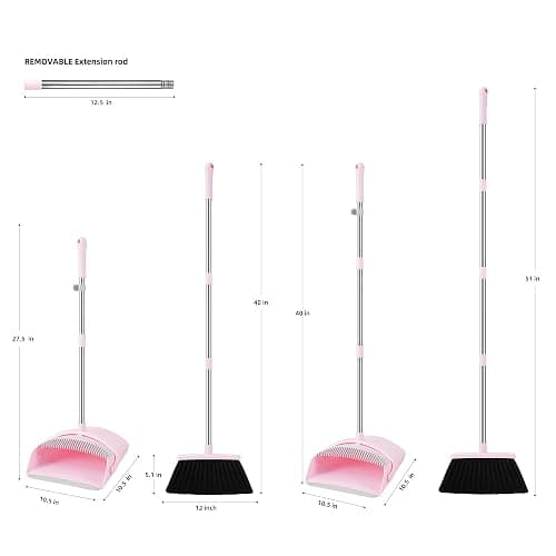 BSKLIN Broom and Dustpan Set, Outdoor Broom with Dustpan Combo Set for Sweeping Indoor Collapsible Broom Set for Home Office Kitchen Lobby Floor Pet Hair (Pink) - Small-pink thumbnail 3
