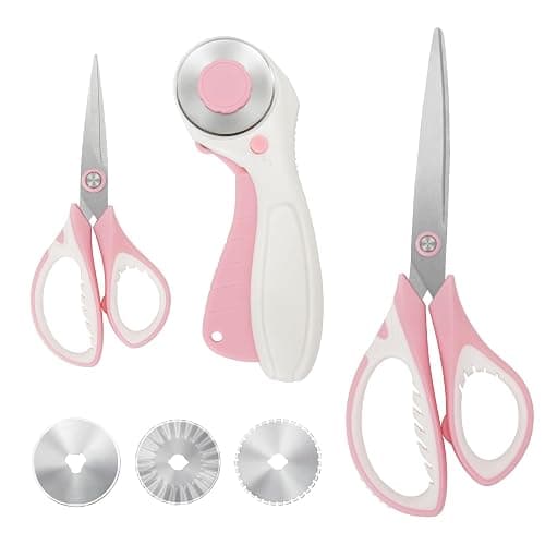 MANUFORE Pink Professional Sewing Scissors Set: Big and Small Scissors, Rotary Cutter with 3pcs Extra Blades for Cutting Fabric - Image 1