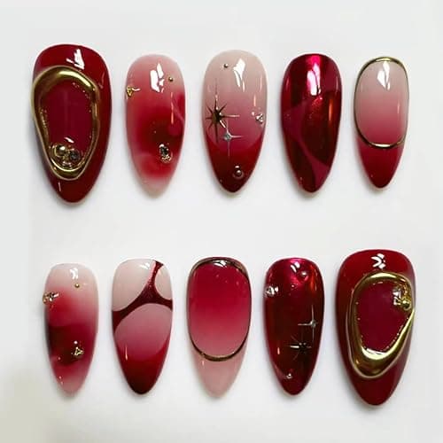 30Pcs Ombre Red Press on Nails Medium Almond Fake Nails 3D Star Rhinestones Glitter Handmade Design Y2K Gold Star Bead Full Cover Stick on Nails Chrome False Nails for Women Acrylic Nail Decorations - Image 1