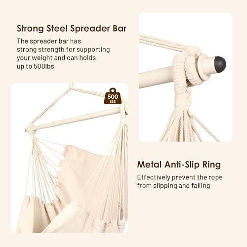 Highwild Hammock Chair Hanging Rope Swing - Max 500 Lbs - Steel Spreader Bar with Anti-Slip Rings - for Any Indoor or Outdoor Spaces (Beige) thumbnail 5