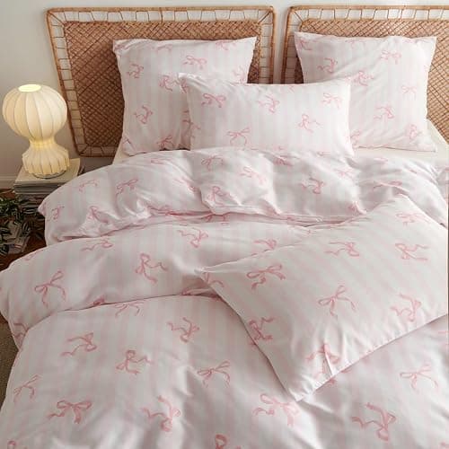 Lanqinglv Double Duvet Cover Bedding Set Bow Striped Printed, Super Soft Microfibre Double Duvet Set Cosy Stylish Pink Duvet Cover with 2 Pillowcases, Birthday Gifts for Women Girls - Image 1