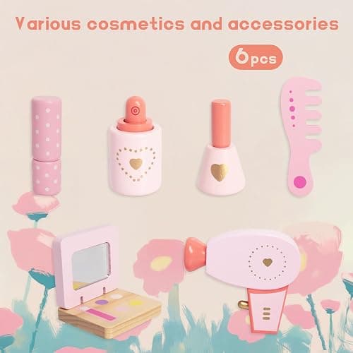 Wooden Vanity Set for Kids, Pretend Play Toddler Makeup Vanity Table Toys with 360° Rotatable Mirror, Beauty Salon Set Includes Makeup Accessories, Little Girls Gift Age 3+ (Pink) thumbnail 4