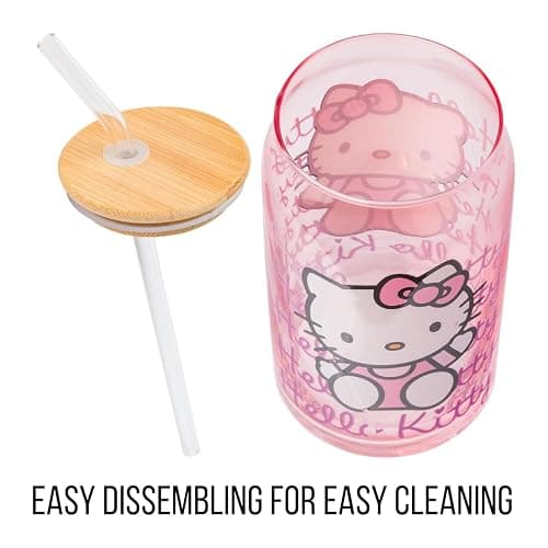 Silver Buffalo Sanrio Hello Kitty Waving Pink Glass Jar Tumbler with Bamboo Lid and Glass Straw, 16 Ounces thumbnail 6