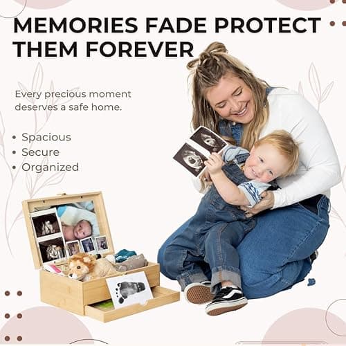 Baby Keepsake Box with 5 Additional Memory Items – Bamboo Memory Box for Baby Girls & Boys – Handprint Kit, Milestone Discs, Photo Corners, Glass Vials, Burlap Bag thumbnail 4