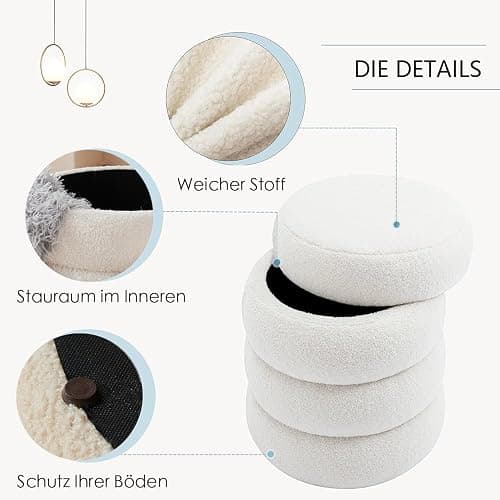 Zedelmaier Runder Teddy Hocker mit Stauraum - Sitzhocker, Schminktisch & Aufbewahrungshocker für Wohnzimmer, Schlafzimmer & Kinderzimmer (Weiß) thumbnail 4