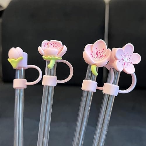 Meitesti Pfirsichblüten-Stroh-Abdeckkappe für Stanley-Becher, niedlicher Strohhalm-Aufsatz, 10 mm, 6 Stück, Silikon, personalisierbar, 6 Stück, Rosa thumbnail 5