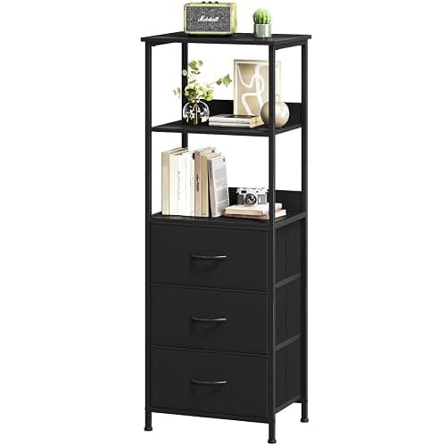 Somdot 3 Tier Bookshelf with Drawer, Tall Bookcase with Shelves, Bookshelf Desktop Organizer, Display Standing Shelf Units for Living Room, Bedroom, Study Room, Black - Image 1