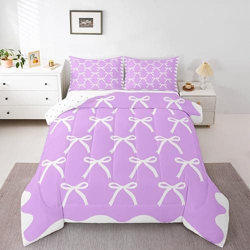Erosebridal Purple Princess Bedding Set White Ribbon Bows Queen Comforter Set Purple White Coquette Bowknot Bedding Comforter Sets Elegant Aesthetic Bow Tie Quilt Duvet - Image 1
