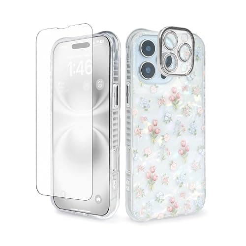 Plleuo Cute Tulip Flowers Bow Shell Pattern for iPhone 14 Plus Case, [3 in 1] with Screen Protector & Camera Lens Protector, Clear Soft Shockproof Slim Fit Floral Phone Cover for Women (White) - Image 1