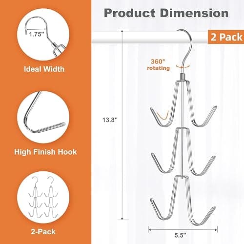 TOPIA HANGER Purse Hanger Organizer for Closet, 2-Pack Handbag Organizer Hanger, 360°Swivel Metal Purse Hooks, Bag Rack, Belt Organizer, Tie Rack, Scarf Hanger, Bag Storage Organizer, Silver thumbnail 3