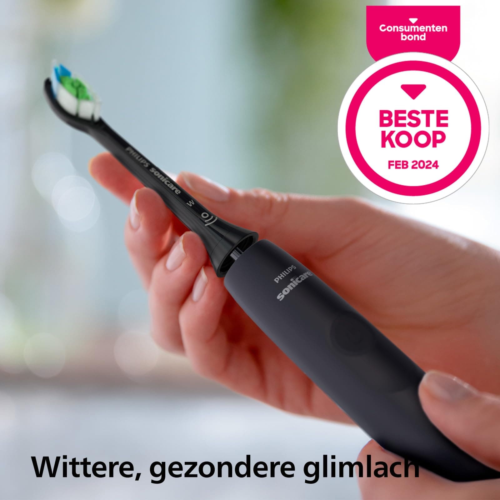 Philips Sonicare 4100 – elektrische tandenborstel voor volwassenen met 1 Philips W2 Optimal White Sonic-opzetborstel in zwart, slank reisetui en USB-oplader (model HX3683/54) thumbnail 2