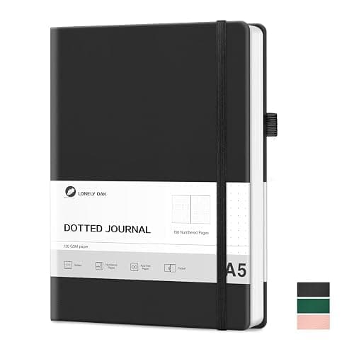 Lonely Oak Notizbuch A5 Hardcover Bullet Dotted Journal 120g/m²Dickes Premium Säurefreies Papier, 156 Seiten Journal mit Gummiband & Innentasche, 14,5 x 21,3 cm (Schwarz) - Image 1