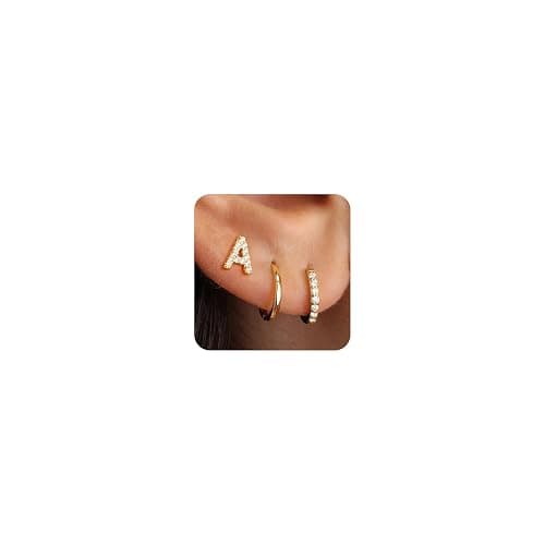 Ritach Christmas Gifts for Teens Girls Kids - 3 Pairs Gold/Silver/Rose Gold Huggie Hoop Earrings for Women Girls Hypoallergenic CZ Initial Stud Earrings Set Stocking Stuffers for Teens Girls Kids - Image 1