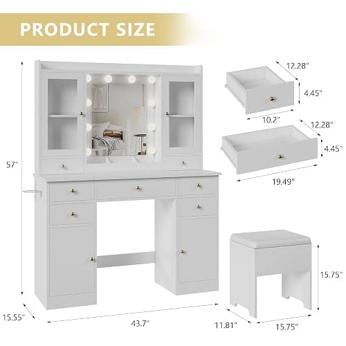 Makeup Vanity Desk with Mirror and Lights, White Vanity Table Set with Storage Drawers, Charging Station, Cabinets & Chair, Large Dressing Table with RGB Ambient Light for Women Girls Bedroom Bathroom thumbnail 2