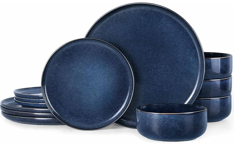 Herogo 12 Pieces Dinnerware Set Stoneware Service for 4, Dinner Plates and Bowls Sets, Double Reactive Glaze Dishes Set for Kitchen, Scratch Resistant, Microwave & Dishwasher Safe, Starry Blue - 12 - Starry Blue - Image 1