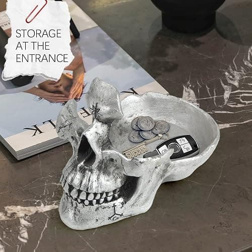 Mrlikale Skull Glasses Stand, Creative Eyeglasses Display Rack, Sunglasses Spectacle Holder, Key Holder Resin Sculptures for Entryway, Home, Office, Desk, Nightstand (Silver) thumbnail 5