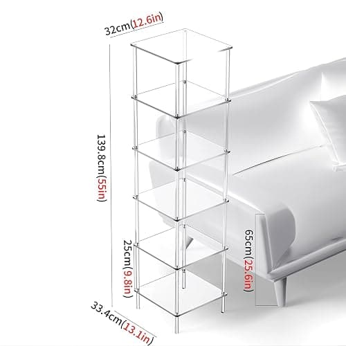 solaround Acrylic Bookshelf, Small Bookcase, Standing Freestanding Corner Storage Shelves Display Shelf for Living Room, Bedroom (Clear, 6 Tier) thumbnail 3