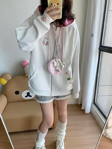 GOTHPICKUS Y2K Kawaii Embroidery Spot Hoodies Zip Up Drawstring Cute Cat Ear Ribbed Jacket Oversize Casual Streetwear thumbnail 2