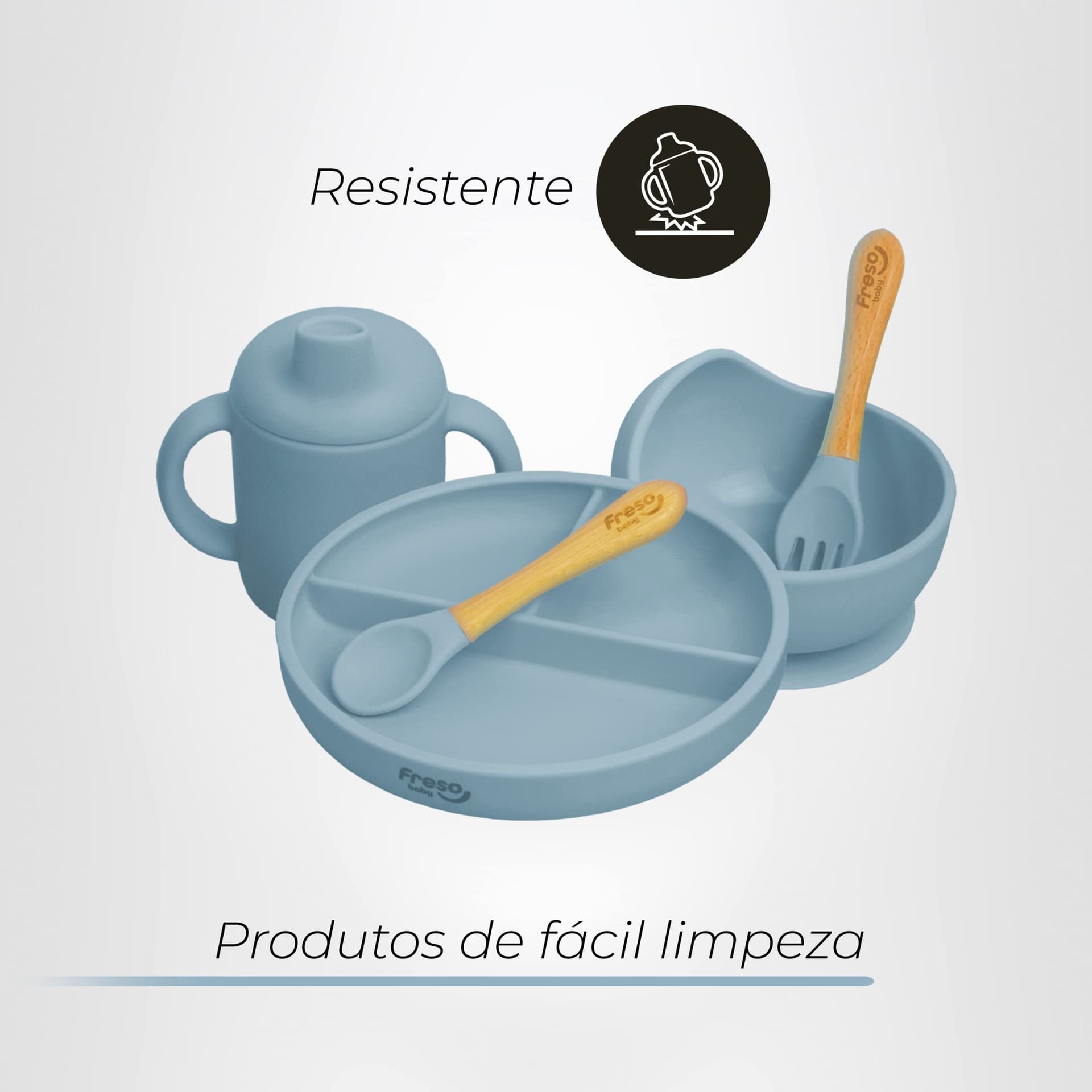 Freso Baby Kit Alimentação De Bebê Silicone Atóxico Livre Bpa Introdução Alimentar Blw Tigela Prato Ventosa Talher Infantil Fácil De Limpar Cor Cinza - Cinza thumbnail 3