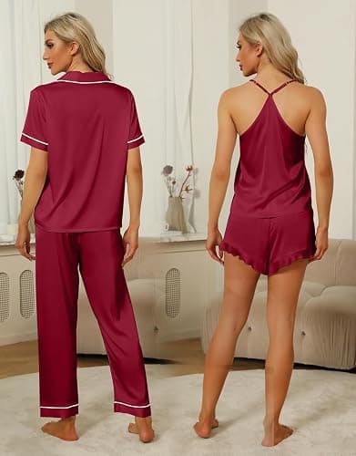 SAPJON Silk Pajamas for Women Set 4Pcs Ruffled Satin Pajamas Set Button Down Short Sleeve Cami Shorts Sleepwear Pj Set thumbnail 4
