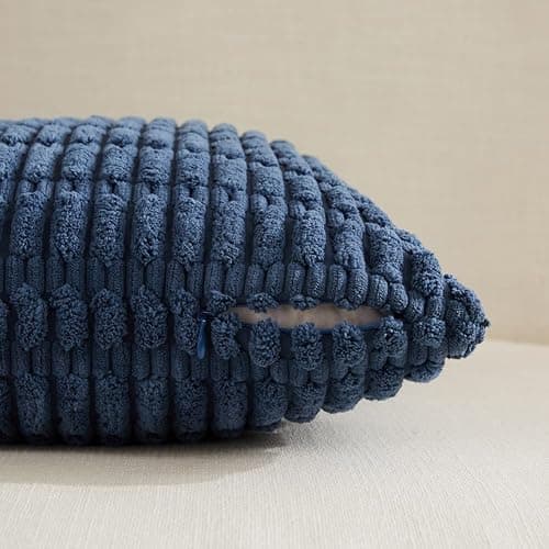 Fancy Homi Set of 4 Blue Decorative Throw Pillow Covers 18x18 Inch for Couch Bed Chair, Modern Farmhouse Boho Room Decor, Soft Fuzzy Corduroy Textured Striped Coastal Blue Cushion Case 45cm thumbnail 3