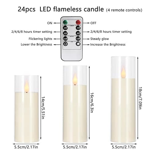 CAKETYCG 24-Pack LED Flameless Candles(14/16/18cm) with 4 Timers Remote - 3D Flickering Flame, Clear, Perfect Decor for Home & Events. thumbnail 5