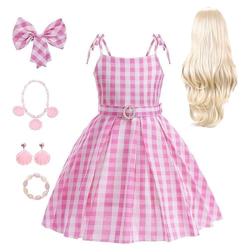 Cotpoddy Robbie Clothes For Girls Pink Plaid Dress Movie Doll Costume Pink Robbie Outfit for Kids Halloween Carnival Dress Up - Pink - 11-12 Years - Image 1