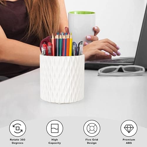 HSSPANFN Makeup Brush Holder Organizer - 360° Rotating, 5-Slot Brush Cup for Cosmetics, Lipsticks, Pens | Vanity & Desk Organizer (White) thumbnail 3