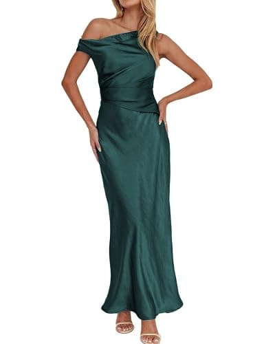 Gmeitoey Women's Summer Elegant Satin Off Shoulder Sleeveless Maxi Dress Formal Cocktail Wedding Guest Long Dresses - Image 1
