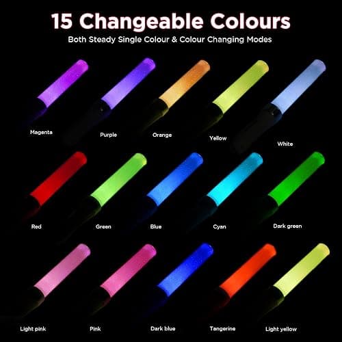 BINWO Reusable LED Glow Sticks(2Pack) with 15 Multicolor, Manual and Automatic Mode, Equipped with AAA Battery Powered LED Sticks, Concert Glowsticks, Raves, Emergency, (15+ Years Old) thumbnail 6